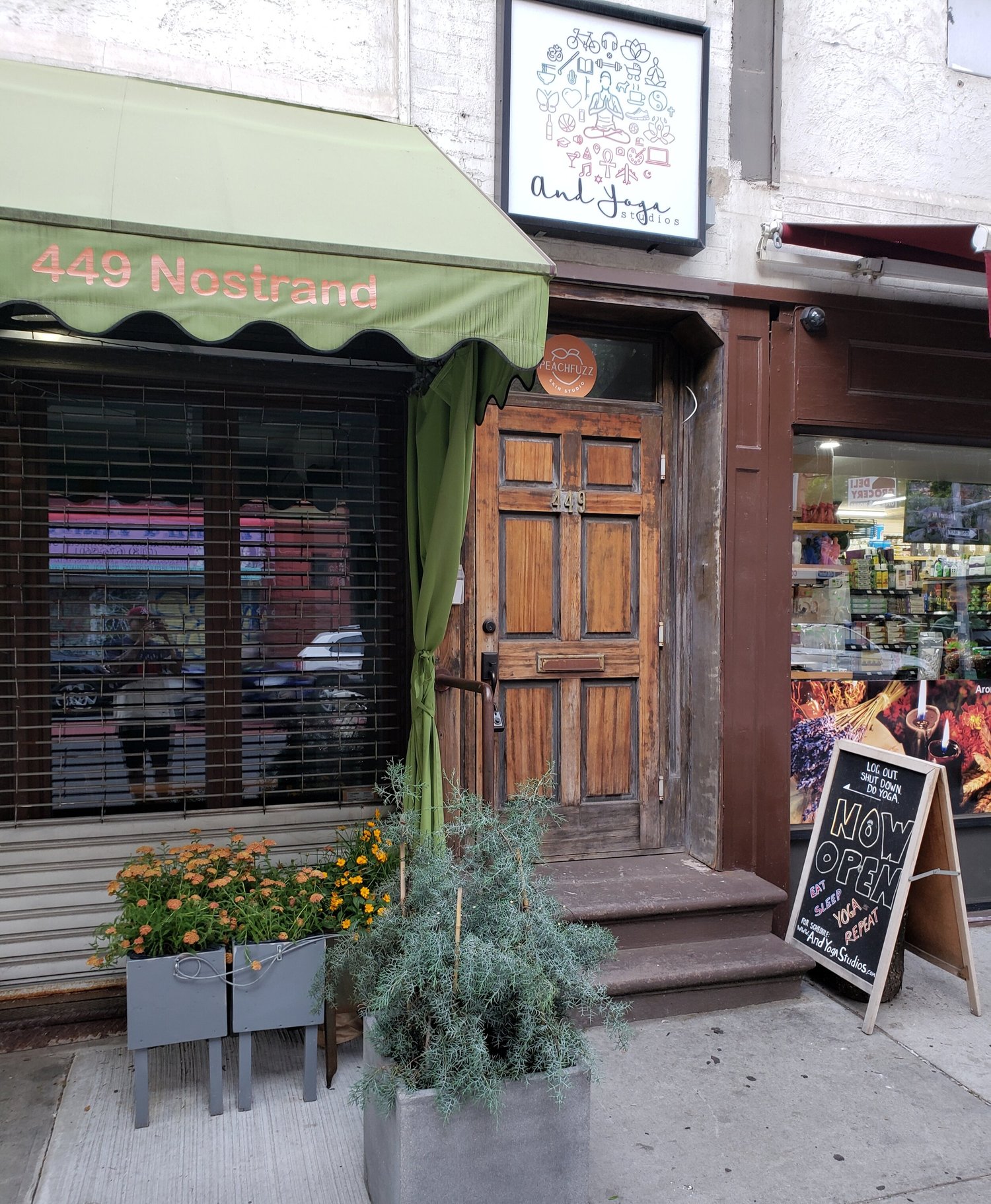 The 449 Nostrand Ave storefront in Bed-Stuy — green '449 Nostrand' awning, carved wooden door and the And Yoga Studios lightbox sign